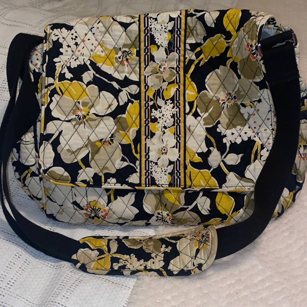 Vera Bradley Quilted Floral Messenger/Baby/Diaper Bag in Yellow, Black & Cream